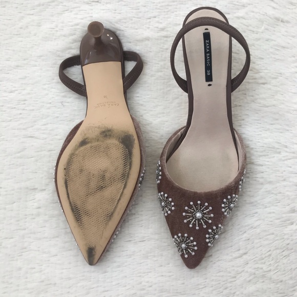 Zara Velvet Beaded Pearl Embellished Slingbacks - Picture 5 of 8
